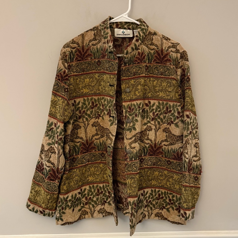 Erin London brown tapestry tiger pattern button down blazer jacket. L